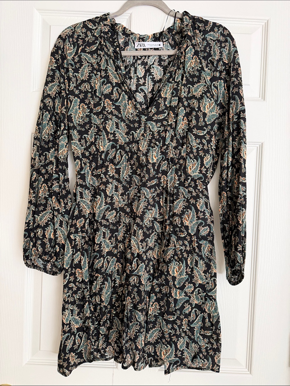 Zara Black Paisley Long-Sleeve V-Neck Dress with Teal Accents
